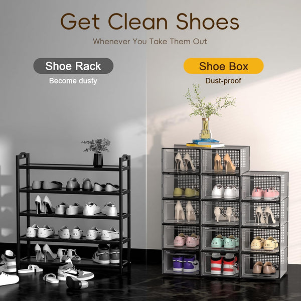 12 Pack Large Shoe Organizer Storage Boxes online for Closet, Fit Size 11, Clear Plasti