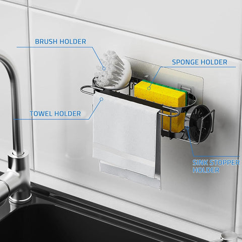 Kitchen Sink Caddy Sponge Holder in The Sink, Stainless Steel Kitchen Sink Organizer, Brush Holder, Dish Cloth Hanger, Sink Stopper Holder with 2 Installation Ways (Suction & Adhesives