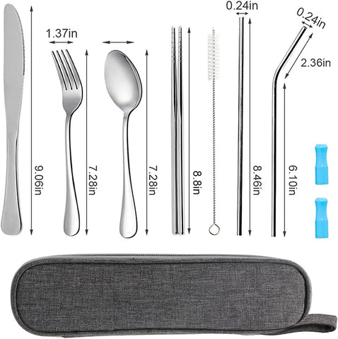 Travel Utensils Set with Case Reusable Portable Cutlery Set Stainless Steel 8pcs Including Dinner Knife Fork Spoon Chopsticks Straws(Silver)