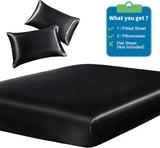 3-Piece Set Satin Queen Fitted Sheet & 2 Pillowcase, Black Silky Soft Fitted Bottom Sheet, Wrinkle Free, Fade Resistant, Deep Pocket Bed Sheet (Deep Up to 15")