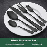 20-Piece Black Silverware Set, Mirror Polished Black Flatware Set for 4, Food Grade Stainless Steel Tableware Cutlery Set, Kitchen Utensils Set for Home and Restaurant, Dishwasher Safe