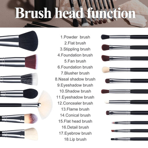 Makeup Brushes Premium Synthetic Foundation Powder Concealers Eye Shadows Makeup 18 Pcs Brush Set, Black Color with Case