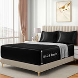 3-Piece Set Satin Queen Fitted Sheet & 2 Pillowcase, Black Silky Soft Fitted Bottom Sheet, Wrinkle Free, Fade Resistant, Deep Pocket Bed Sheet (Deep Up to 15")