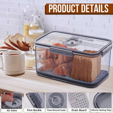 Large Size Bread Boxes for Kitchen Counter Airtight, Time Recording Bread Storage Container with Lid, Bread Keeper for Homemade Bread, Toast, Bagel, Donut and Cookies, Grey