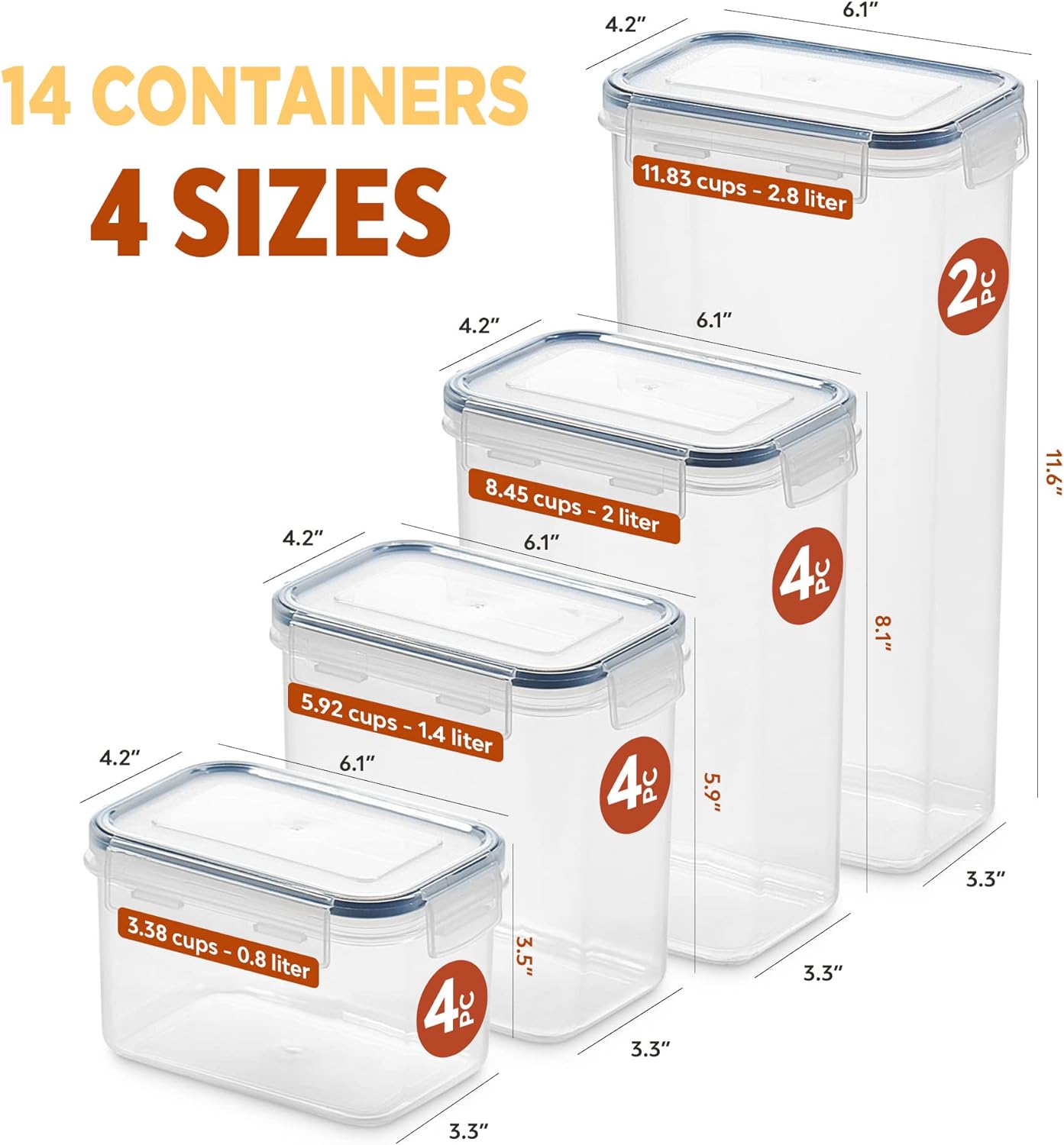 14 Pack Airtight Food Storage Container Set - BPA Free Clear Plastic Kitchen and Pantry Organization Canisters with Durable Lids for Cereal, Dry Food Flour & Sugar - Labels, Marker & Spoon Set