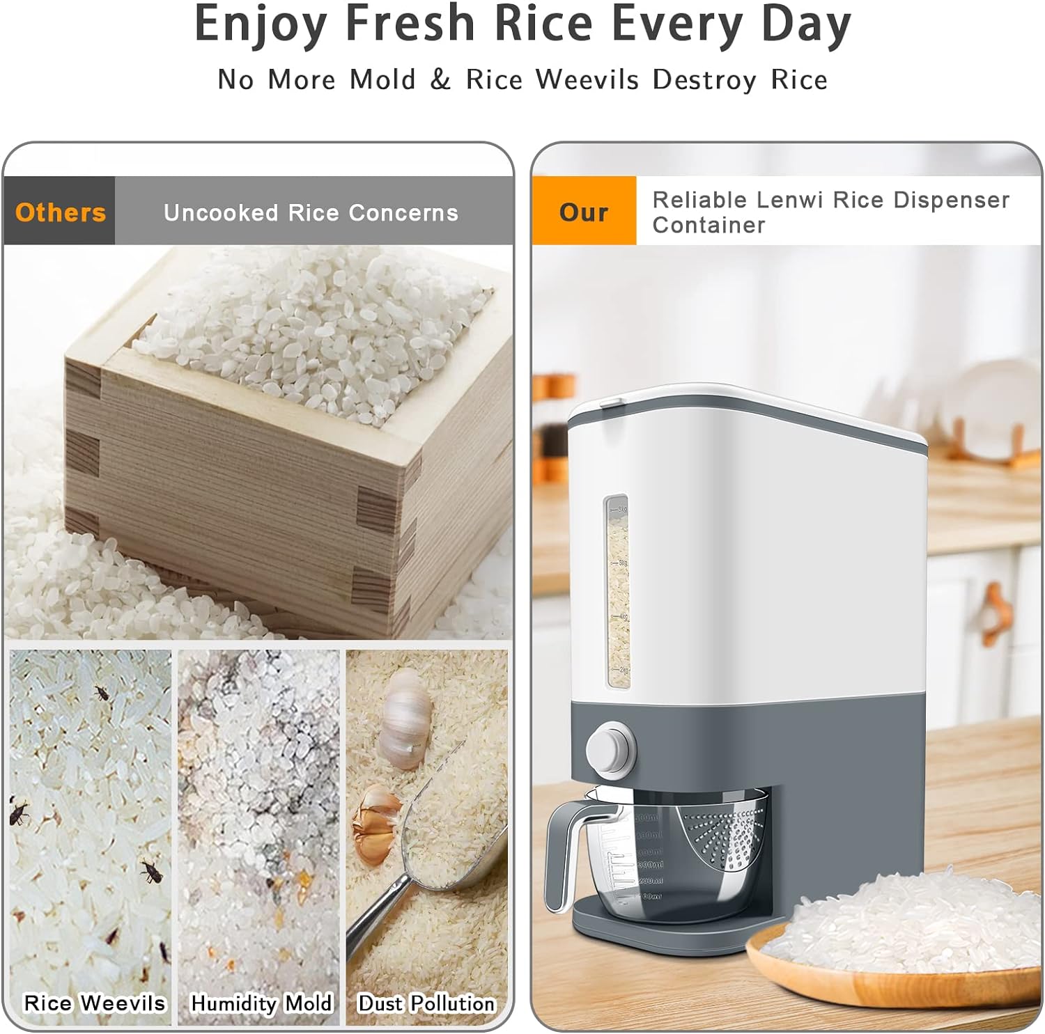 25 Lbs Rice Dispenser, Large Cereal Dry Food Storage Containers with Measuring Cup,BPA-Free Household for Kitchen Pantry Organization-Grey
