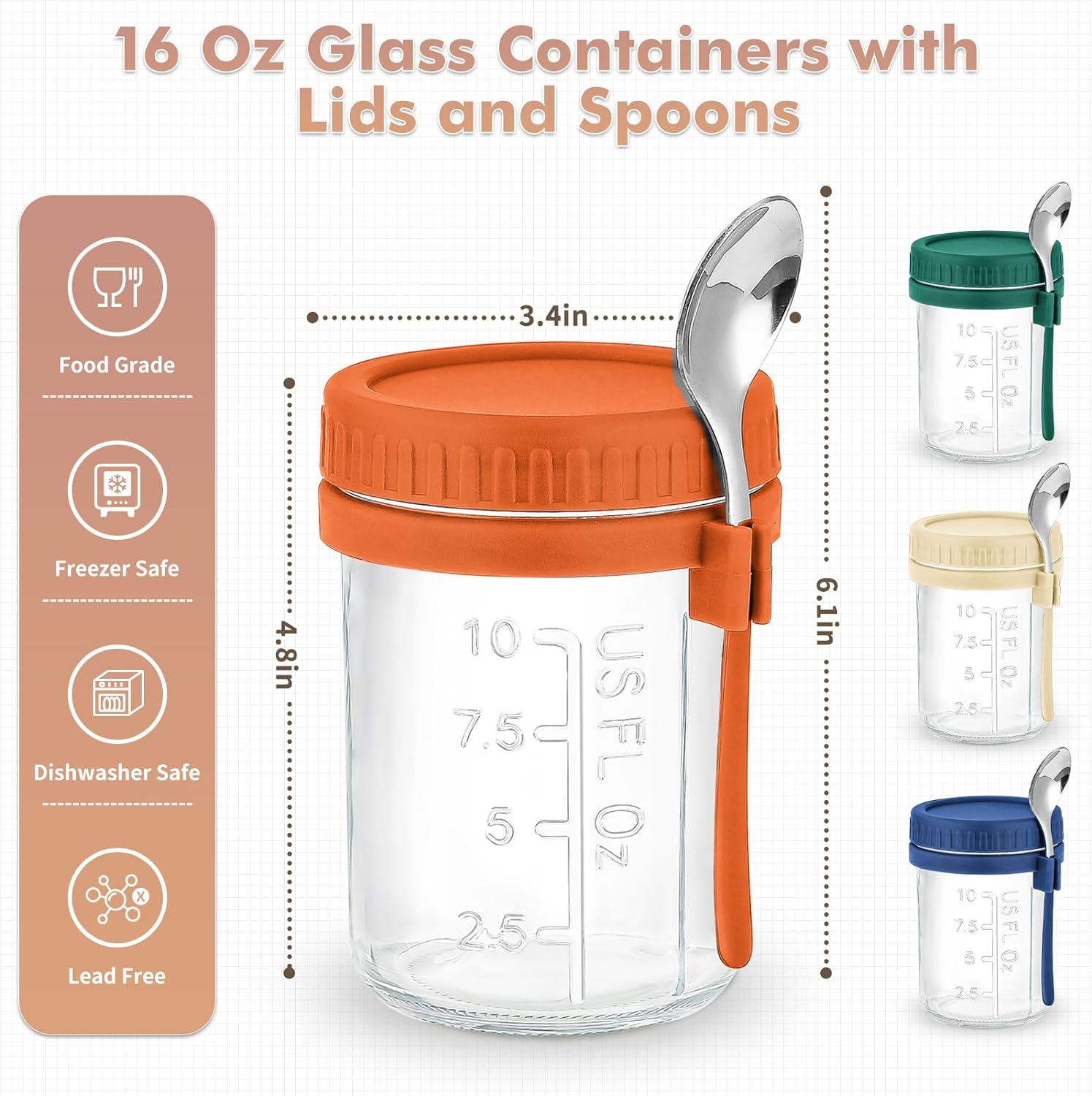 4 Pack Glass Overnight Oats Containers with Lids and Spoons 16 Oz Mason Jars for Overnight Oats Jars Leak Proof Oatmeal Container Meal Prep Jar for Cereal Fruit Vegetable Milk Salad Yogurt