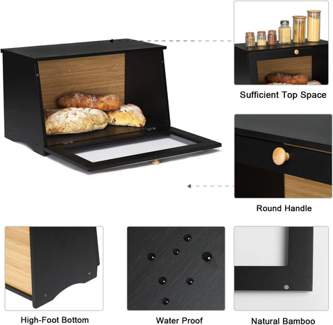 Wood Bread Box for Kitchen Counter, Single Layer Bamboo Large Capacity Food Storage Bin (BLACK)