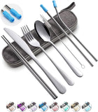 Travel Utensils Set with Case Reusable Portable Cutlery Set Stainless Steel 8pcs Including Dinner Knife Fork Spoon Chopsticks Straws(Silver)