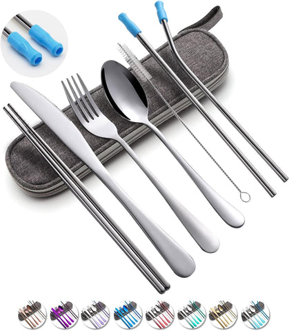 Travel Utensils Set with Case Reusable Portable Cutlery Set Stainless Steel 8pcs Including Dinner Knife Fork Spoon Chopsticks Straws(Silver)