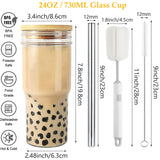 4 Pcs 24 oz Glass Cups With Bamboo Lids and Straws & 4 Airtight Lids, Reusable Smoothie Cups Mason Jar Drinking Glasses Iced Coffee Cups Glass Tumbler for Bubble Tea, Juice, Gift