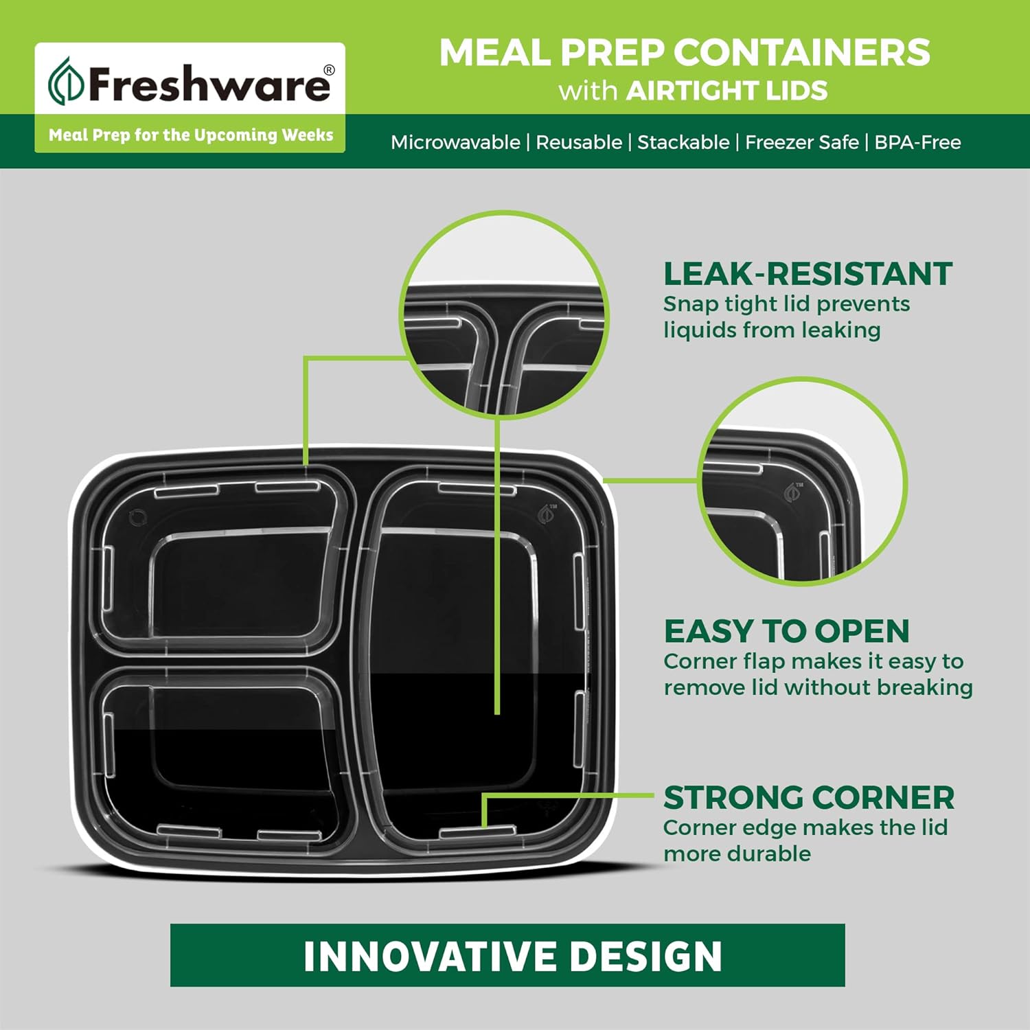 Meal Prep Containers [50 Pack] 3 Compartment Food Storage Containers with Lids, Bento Box, BPA Free, Stackable, Microwave/Dishwasher/Freezer Safe (24 oz)