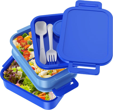 Jelife Adult Bento Lunch Box - 3 Layers Stackable Bento Lunch Box for Adults, 72oz Large All-in-One Bento Box Leak-Proof Lunch boxes with Utensil Sauce Containers, Ideal for Dining Out,Work, Blue