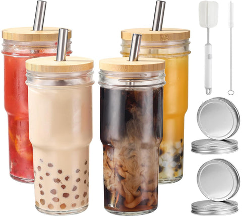 4 Pcs 24 oz Glass Cups With Bamboo Lids and Straws & 4 Airtight Lids, Reusable Smoothie Cups Mason Jar Drinking Glasses Iced Coffee Cups Glass Tumbler for Bubble Tea, Juice, Gift