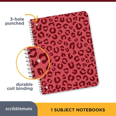 Spiral Notebooks College Ruled 1 Subject Spiral Notebook Pack of 6 Assorted Bold Colors, 8 x 10 1/2 Inch, 70 Sheets, Leopard Pattern Notebooks for Work & School