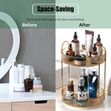 Rotating Makeup Organizer 2 Tier Lazy Susan Trays Skincare Perfume Organizer for Bathroom Counter Vanity, Amber Gold