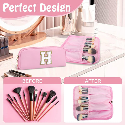 2 PCS Personalized Initial A-Z Preppy Cosmetic Bag with Small Makeup Brush Bag, Cute Pink Travel Cosmetic Toiletry Zipper Pouch, Waterproof Make Up Brush Organizer Christmas Gifts for Women(Letter H)