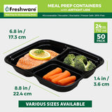 Meal Prep Containers [50 Pack] 3 Compartment Food Storage Containers with Lids, Bento Box, BPA Free, Stackable, Microwave/Dishwasher/Freezer Safe (24 oz)