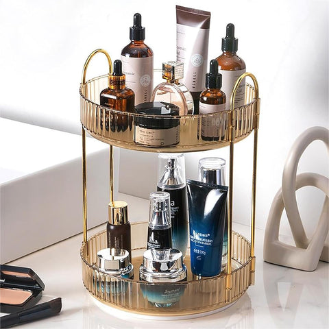 Rotating Makeup Organizer 2 Tier Lazy Susan Trays Skincare Perfume Organizer for Bathroom Counter Vanity, Amber Gold