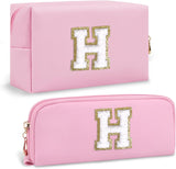 2 PCS Personalized Initial A-Z Preppy Cosmetic Bag with Small Makeup Brush Bag, Cute Pink Travel Cosmetic Toiletry Zipper Pouch, Waterproof Make Up Brush Organizer Christmas Gifts for Women(Letter H)