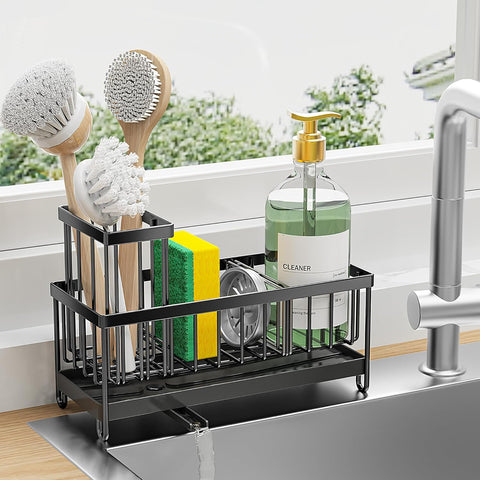 Sponge Holder for Kitchen Sink, Sink Caddy with High Brush Holder, Organzier Rustproof 304 Stainless Steel Dish Organizer Divider, Soap Dispenser Storage