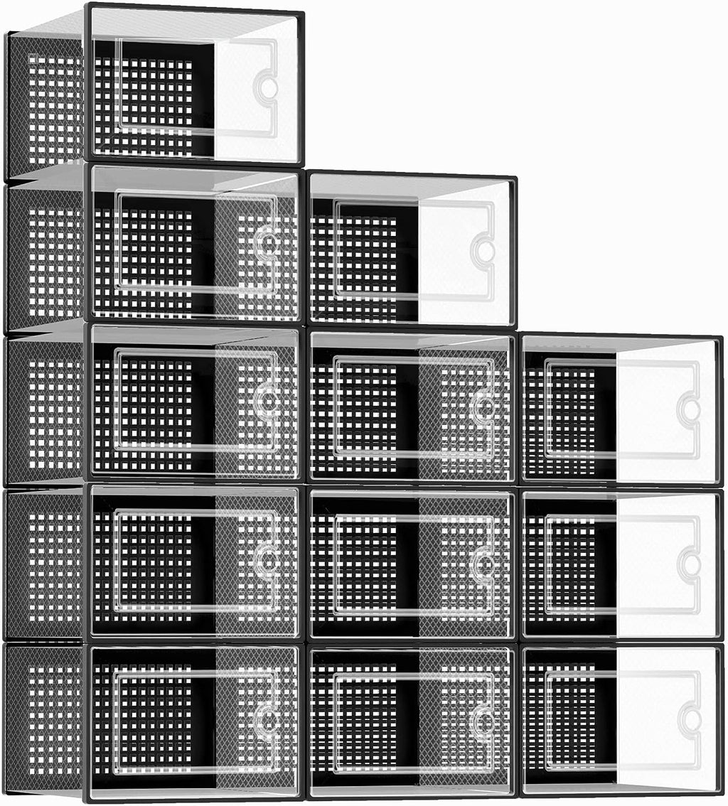 X-Large Shoe Storage Boxes Organizers for Closet 12 Pack, Fit Size 11,Clear Plastic Stackable Sneaker Containers for Entryway, Space Saving Shoe Rack Holder,Substitute for Drawer Organize Unit