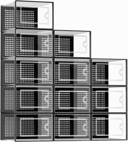 X-Large Shoe Storage Boxes Organizers for Closet 12 Pack, Fit Size 11,Clear Plastic Stackable Sneaker Containers for Entryway, Space Saving Shoe Rack Holder,Substitute for Drawer Organize Unit