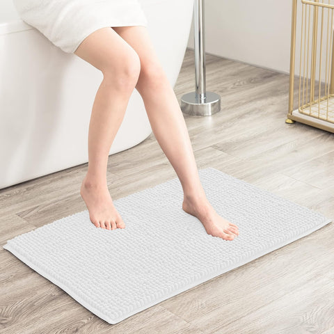 Bathroom Rugs Chenille Bath Rug Soft Short Plush, Water Absorbent Shower Mat Quick Dry Machine Washable(White,16" x 24")