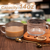 Vintage Coffee Mugs 4pcs Set, Clear Embossed Tea Cups with Bamboo Lids and Spoons, 14 Oz Glass Coffee Cups, Cute Coffee Bar Accessories, Iced Coffee Glasses, Ideal for Cappuccino, Latte, Tea