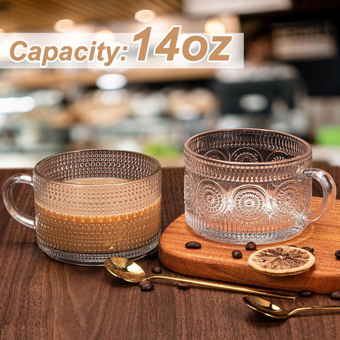 Vintage Coffee Mugs 4pcs Set, Clear Embossed Tea Cups with Bamboo Lids and Spoons, 14 Oz Glass Coffee Cups, Cute Coffee Bar Accessories, Iced Coffee Glasses, Ideal for Cappuccino, Latte, Tea