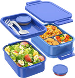 Jelife Adult Bento Lunch Box - 3 Layers Stackable Bento Lunch Box for Adults, 72oz Large All-in-One Bento Box Leak-Proof Lunch boxes with Utensil Sauce Containers, Ideal for Dining Out,Work, Blue