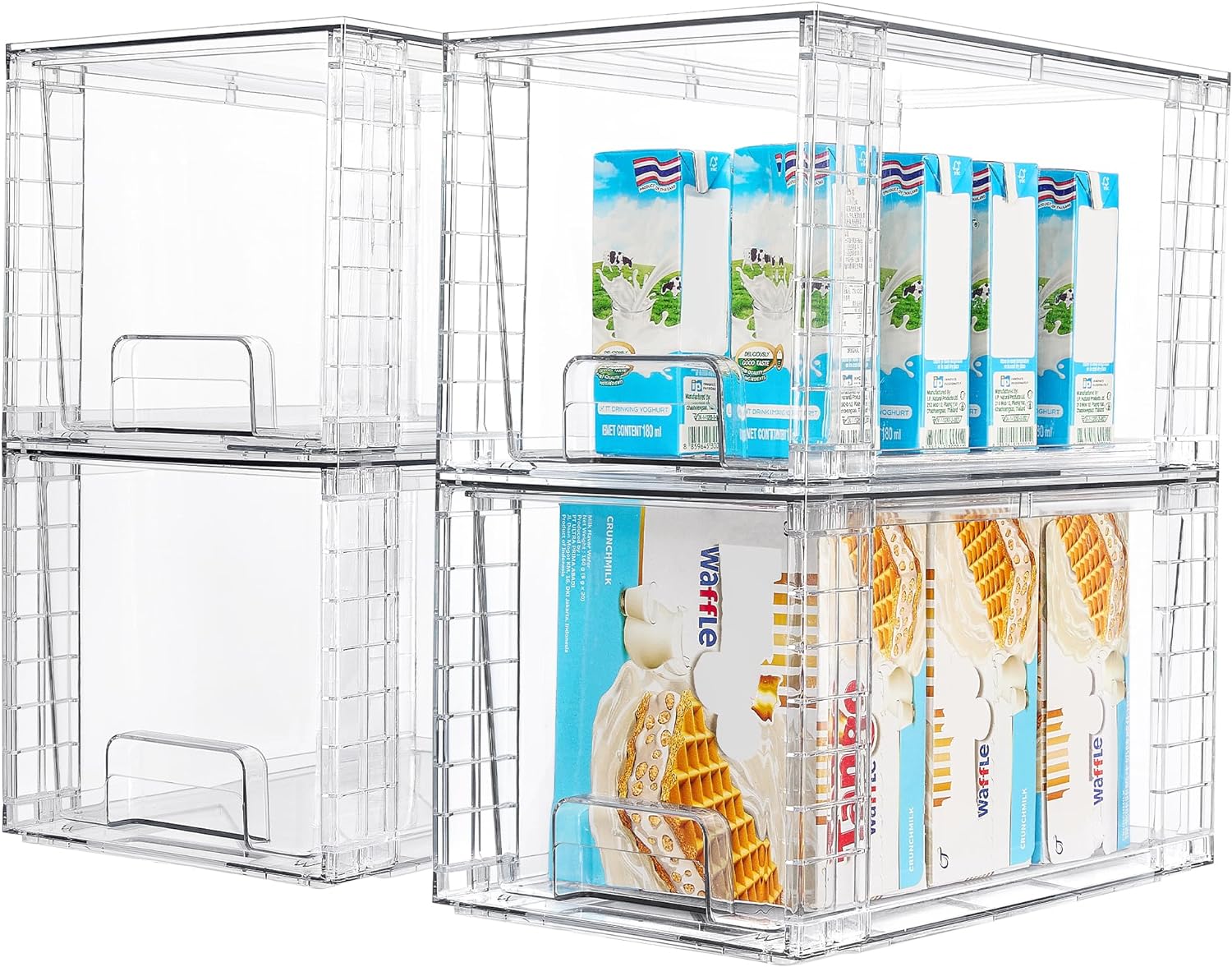 4 Pack Large Stackable Storage Drawers,Clear Acrylic Drawer Organizers with Handles, Easily Assemble for Bathroom,Kitchen Undersink,Cabinet,Closet,Makeup,Pantry organization and Storage