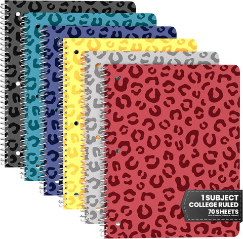 Spiral Notebooks College Ruled 1 Subject Spiral Notebook Pack of 6 Assorted Bold Colors, 8 x 10 1/2 Inch, 70 Sheets, Leopard Pattern Notebooks for Work & School