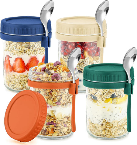 4 Pack Glass Overnight Oats Containers with Lids and Spoons 16 Oz Mason Jars for Overnight Oats Jars Leak Proof Oatmeal Container Meal Prep Jar for Cereal Fruit Vegetable Milk Salad Yogurt