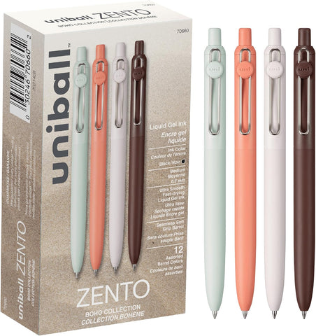 Uniball Zento Gel Ink Rollerball Pens, 12 Black Medium Point Smooth Writing Pens, Colored Japanese Pens, Boho Colors