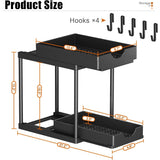 2 Pack Double Sliding Under Sink Organizers and Storage,Two Tier Bathroom Storage and organization,Under Cabinet Organizer with Hooks,Home Organization,Black