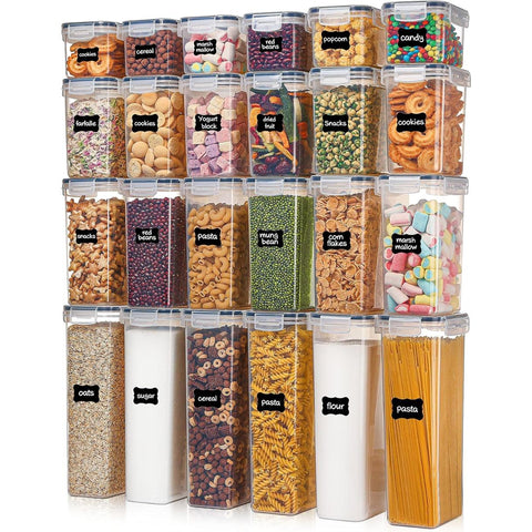 Vtopmart Airtight Food Storage Containers with Lids, 24 pcs Plastic Kitchen and Pantry Organization Canisters for Cereal, Dry Food, Flour and Sugar, BPA Free, Includes 24 Labels