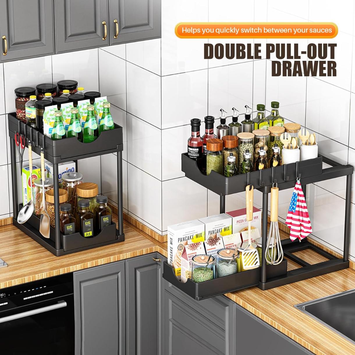 2 Pack Double Sliding Under Sink Organizers and Storage,Two Tier Bathroom Storage and organization,Under Cabinet Organizer with Hooks,Home Organization,Black